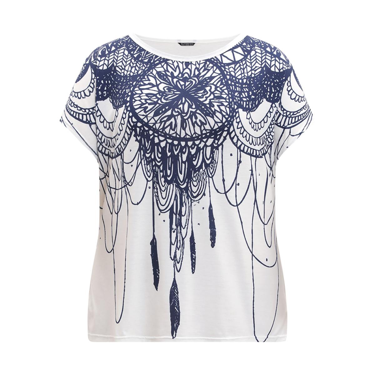 Plus Size Boho Print Batwing Sleeve Crew Neck T-shirt Multicolor Women Casual Printed Bohemian Print Round Neck Dailywear T-shirts BloomChic 14-16/1X Product Image