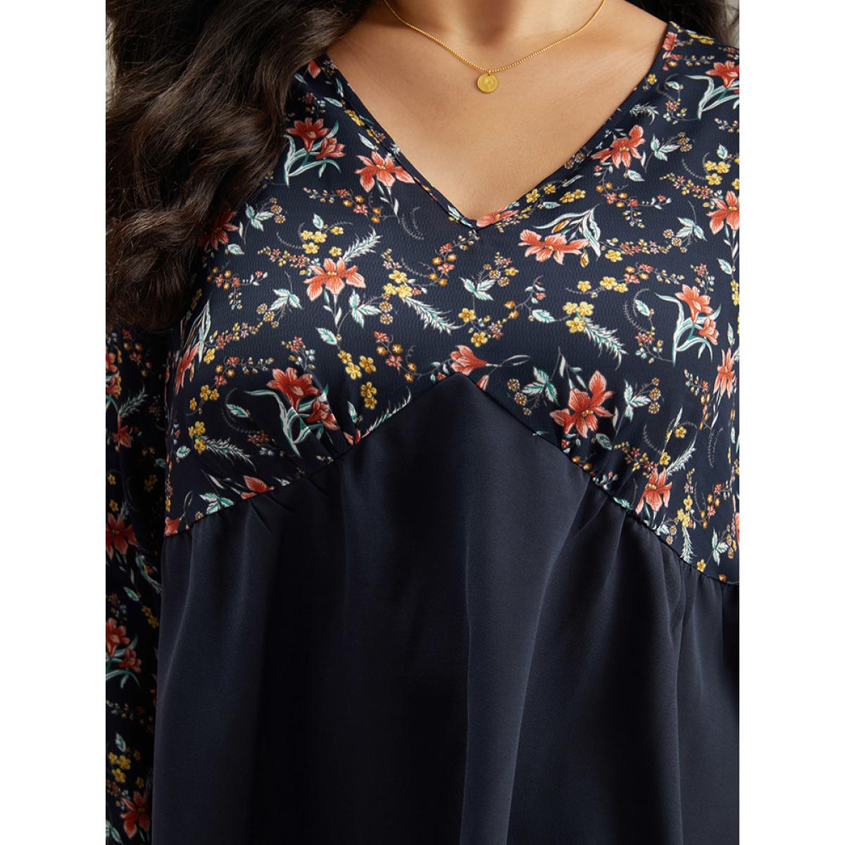 Plus Size Indigo Floral Print Patchwork Pleated Blouse Women Elegant Long Sleeve V-neck Dailywear Blouses BloomChic 22-24/3X Product Image