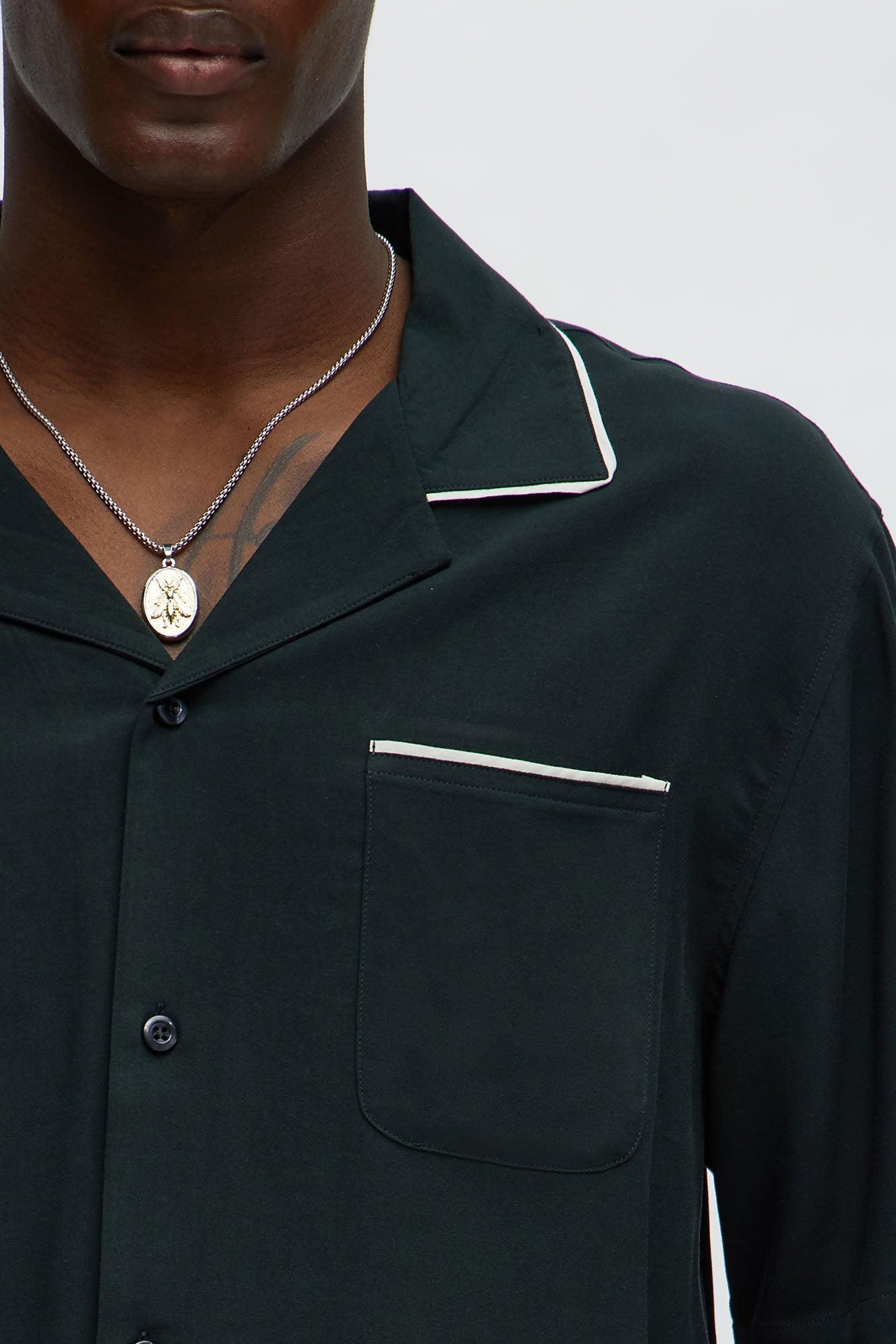 Casual Cropped PJ Style Button Up Shirt - Black Product Image