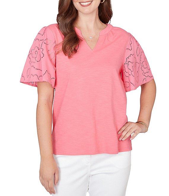 Ruby Rd. Cotton Jersey Knit Split V-Neck Short Eyelet Sleeve Top Product Image