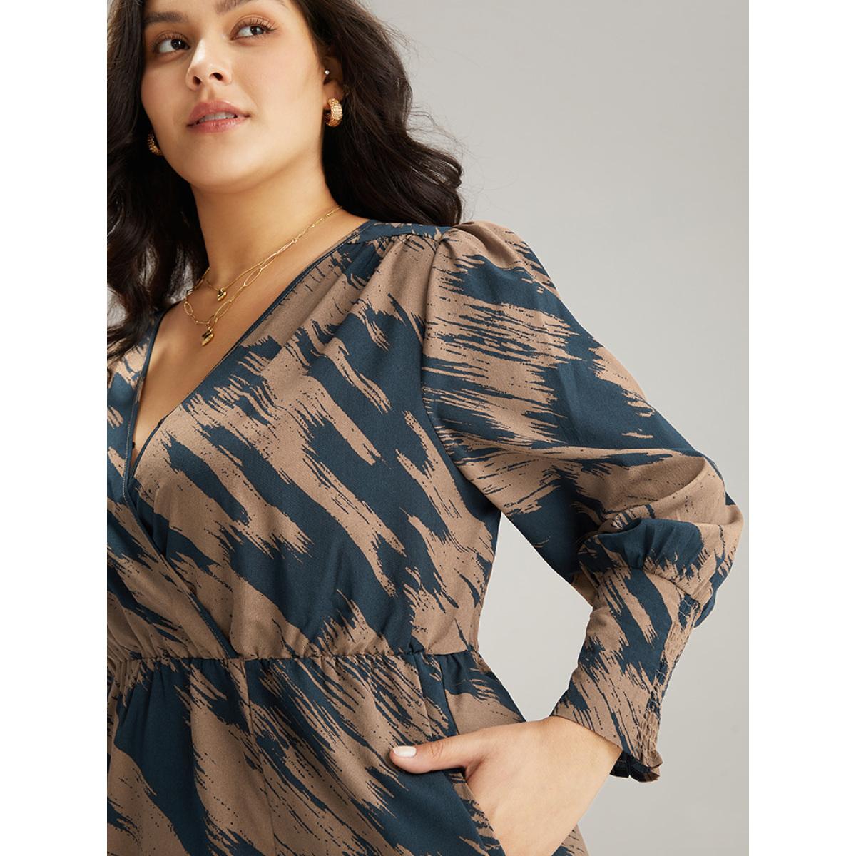 Plus Size Brush Print Elastic Waist Wrap Split Hem Dress Indigo Women At the Office Elastic Waist V-neck Long Sleeve Curvy Midi Dress BloomChic 30/6X Product Image