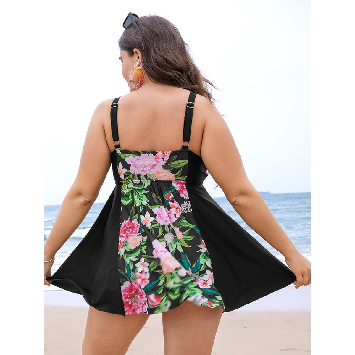 Plus Size Floral Patchwork Ruffle Knotted Swim Dress Women's Swimwear BlackFlower Vacation Bodycon V-neck High stretch Curve Swim Dresses BloomChic 30/6X Product Image