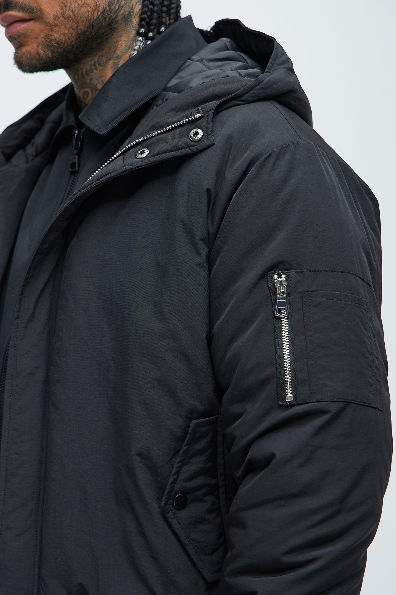 Full Zip Hood Parka Bomber Jacket - Black Product Image