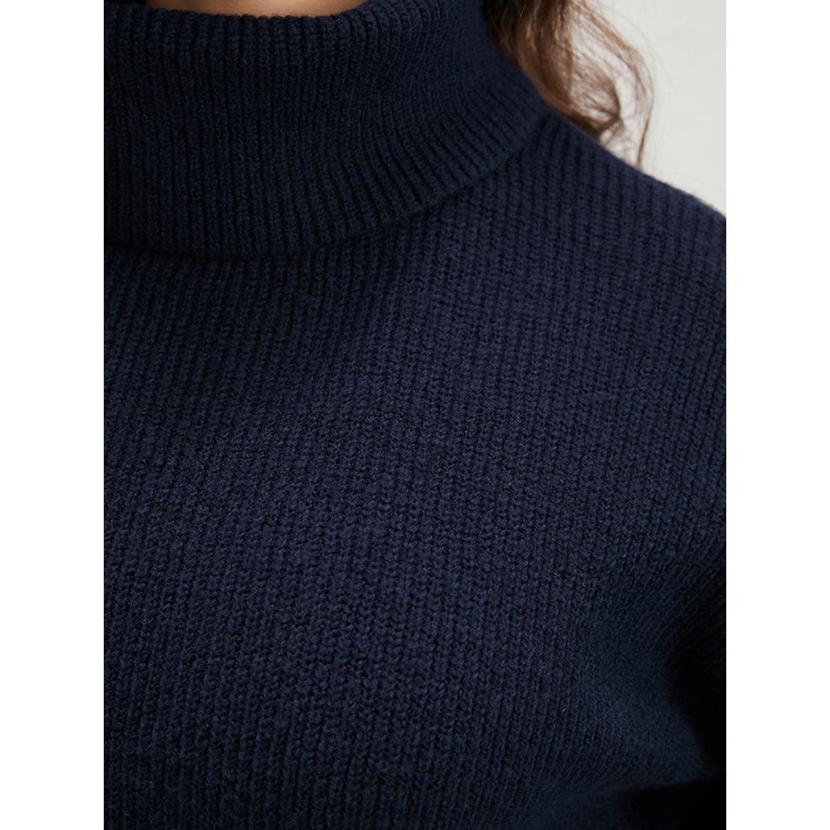Plus Size Solid Rib Knit Lantern Sleeve Funnel Neck Sweater Midnight Women Elegant Loose Long Sleeve Turtleneck Dailywear Pullovers BloomChic 18-20/2X Product Image