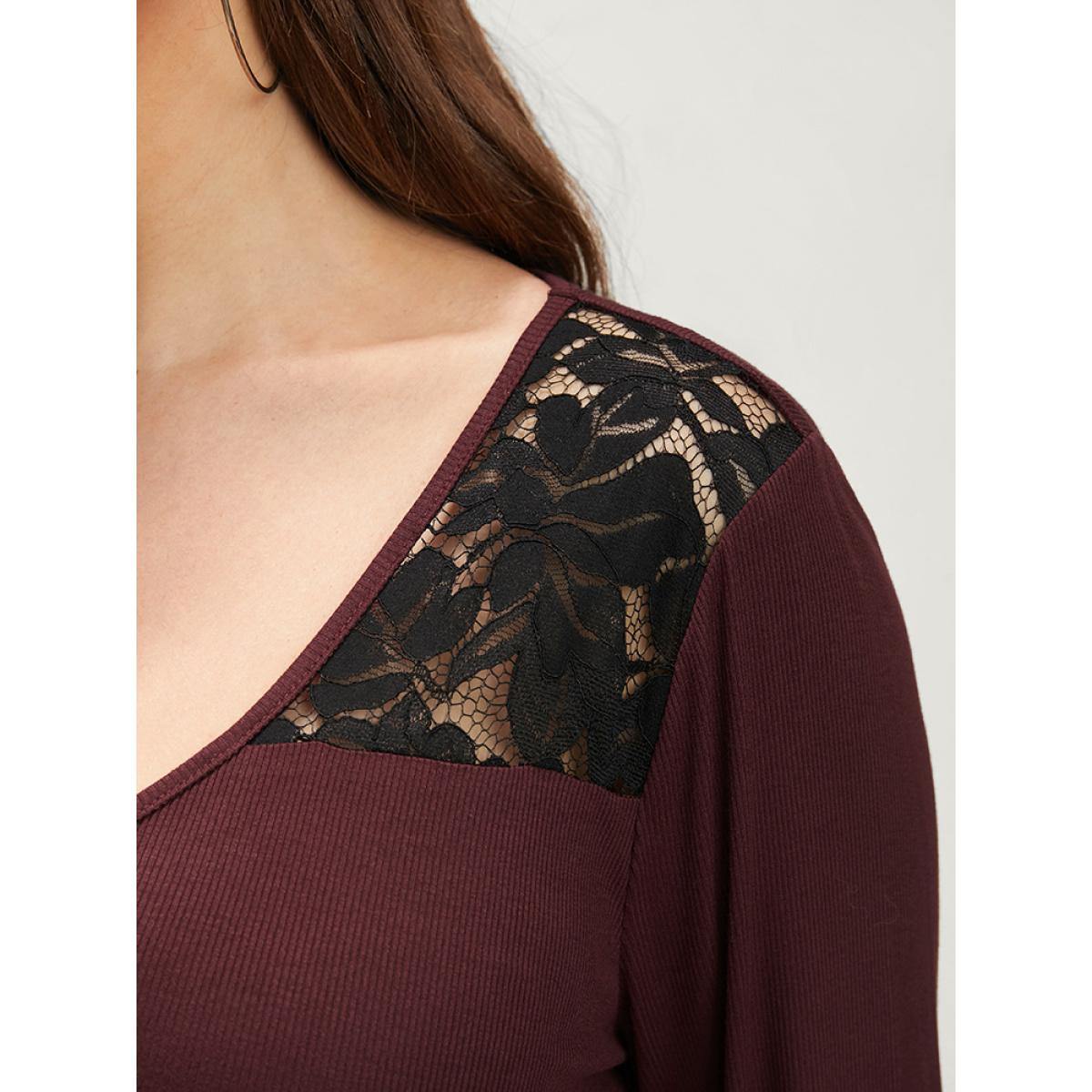 Plus Size Solid V Neck Contrast Lace Rib Knit Long Tee Scarlet Women Elegant Plain V-neck Dailywear T-shirts BloomChic 10/M Product Image