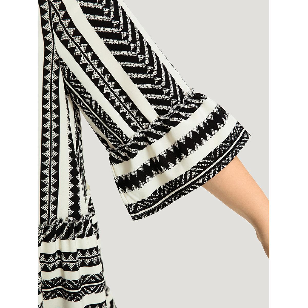 Plus Size Bandana Striped Pocket Button Detail Notched Patchwork Dress White Women Vacation Printed V-neck Elbow-length sleeve Curvy Midi Dress BloomChic 28/5X Product Image