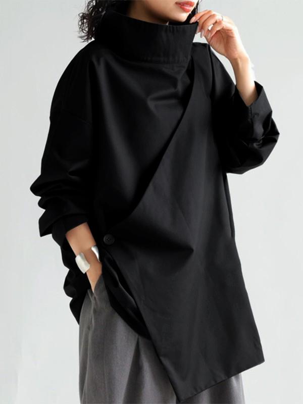 Long Sleeves Loose Solid Color High Neck T-Shirts Tops Product Image