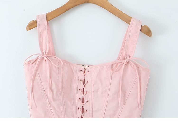 Sleeveless Lace-Up Plain Crop Corset Top Product Image