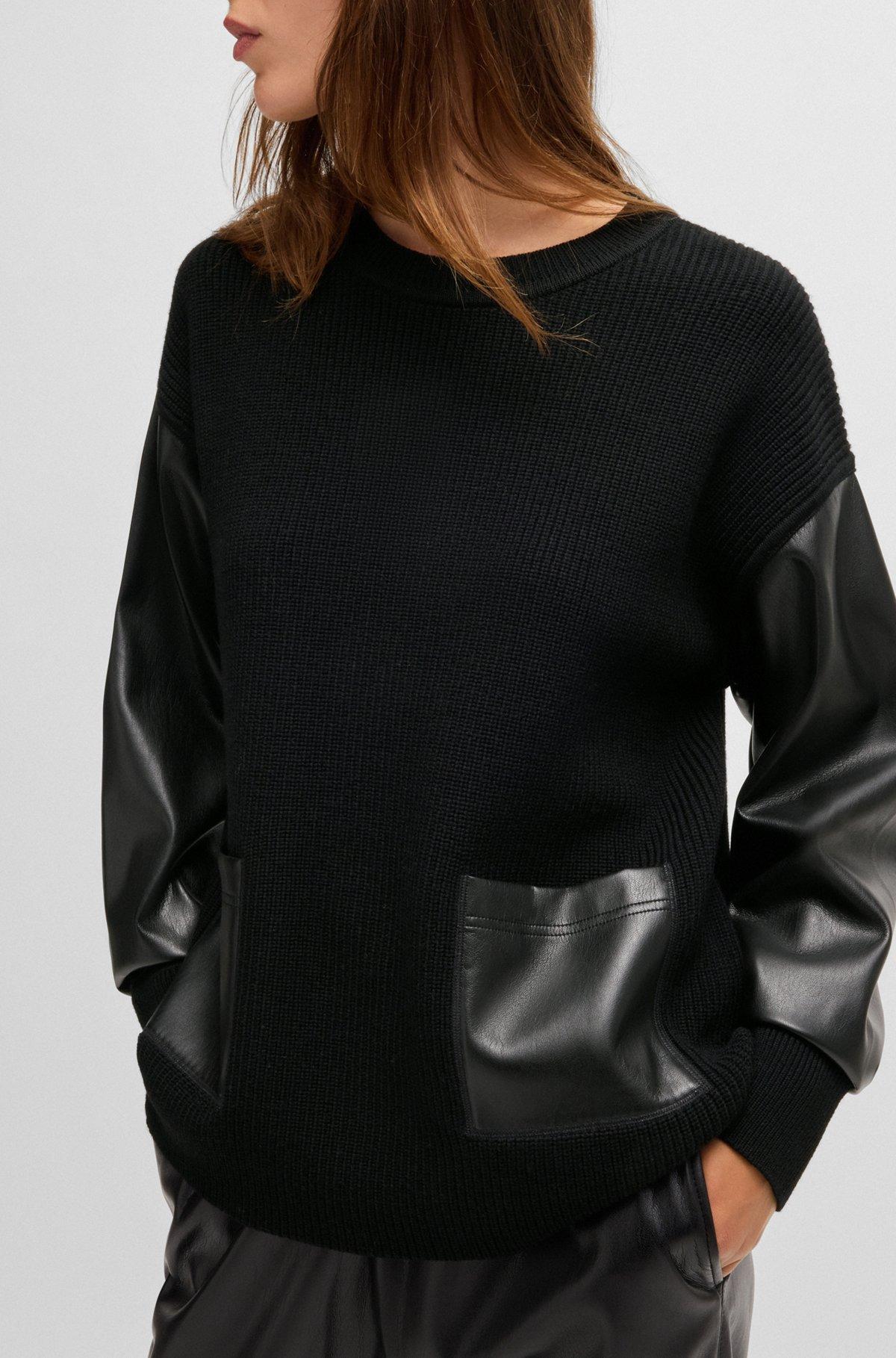 BOSS - Wool sweater with faux-leather sleeves - Black Product Image