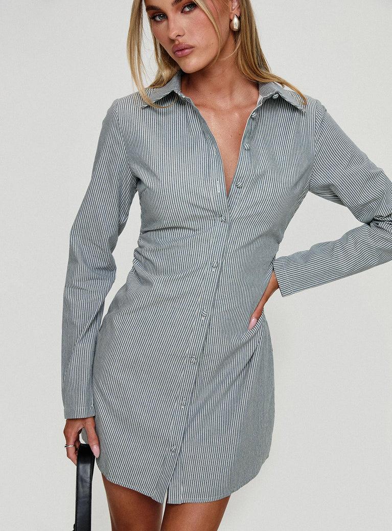 Publicity Long Sleeve Mini Dress Blue Pinstripe Product Image