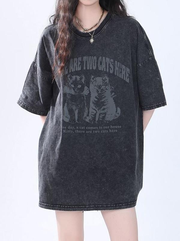 Cat Print Oversized Short Sleeve Tee Product Image