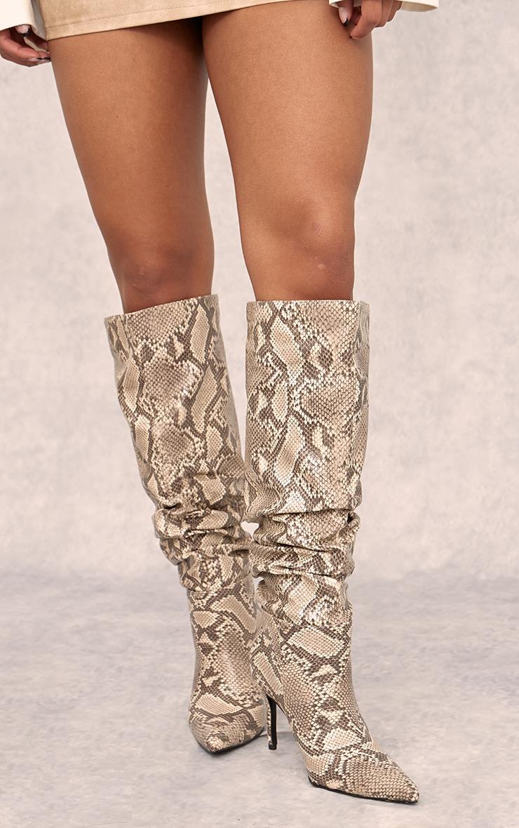 Snake Print PU Point Toe Ruched Stiletto Heeled Knee Boots Product Image