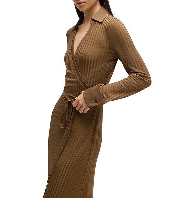 BOSS by Hugo Boss Ellarie Ribbed Knit Jersey Collared V-Neck Long Sleeve Faux-Wrap Dress Product Image