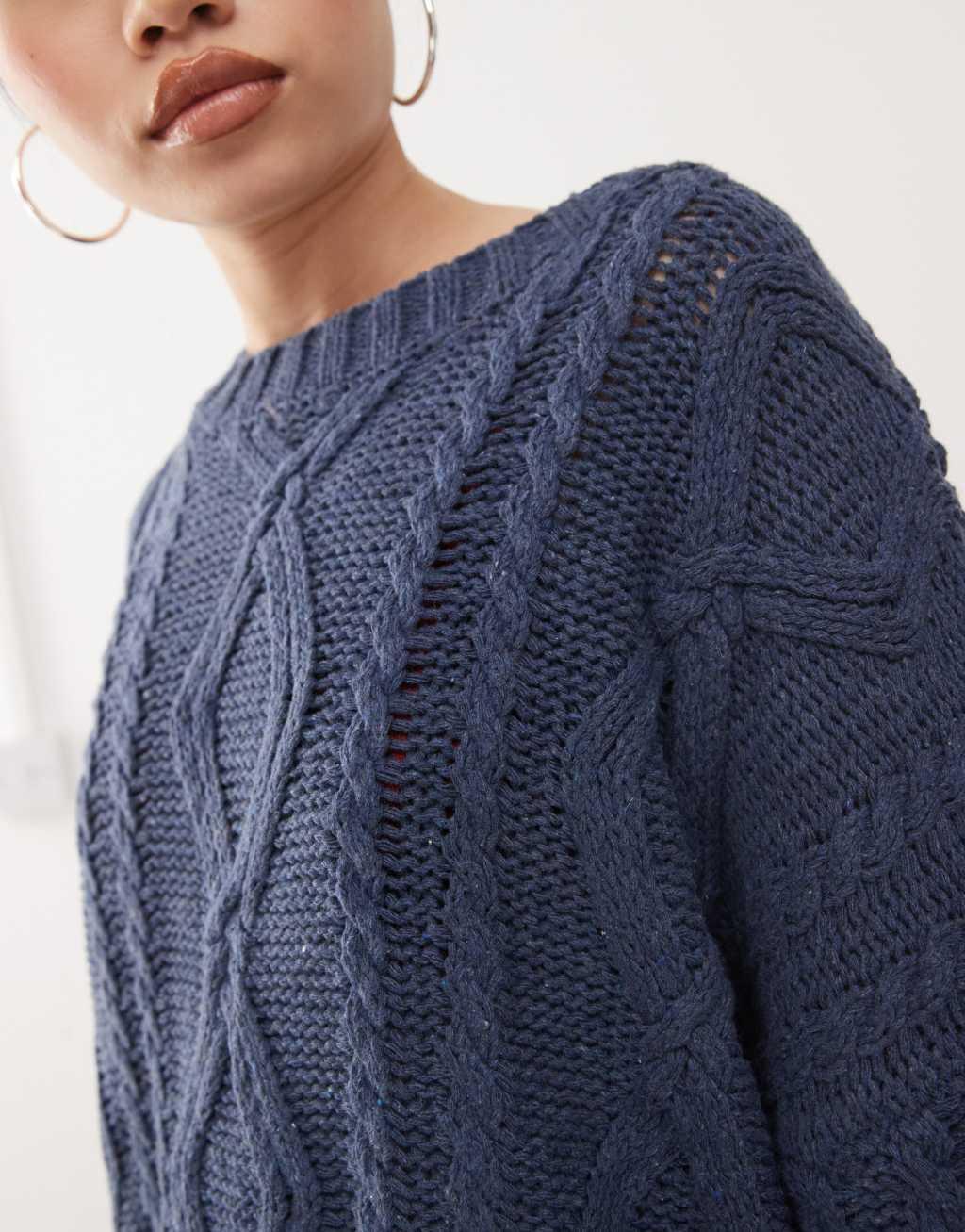 Princess Polly chunky cable knit crew neck sweater in navy Product Image