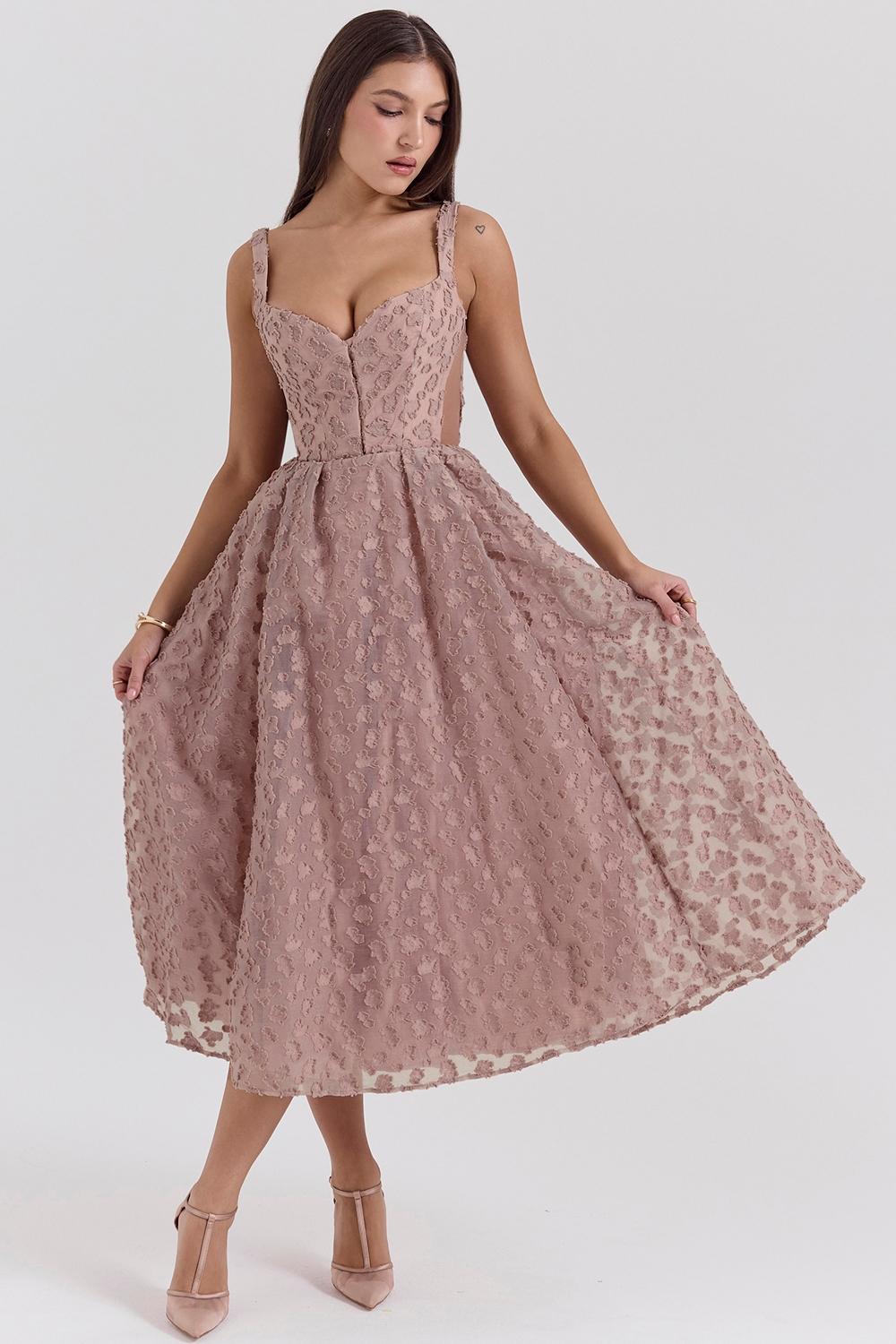 Lovely  french rose jacquard sweetheart neckline midi dress - sale Product Image