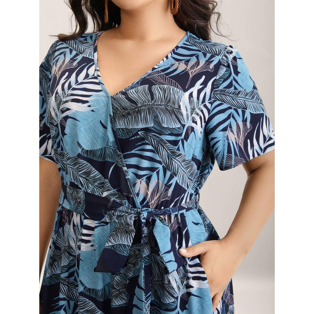 Plus Size Tropical Leaf Print Pockets Belted Midi Dress DarkBlue Women Overlap Collar Short sleeve Curvy BloomChic 18-20/2X Product Image