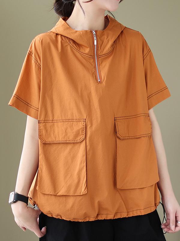 Loose Short Sleeves Zipper Hooded T-Shirts Tops Product Image