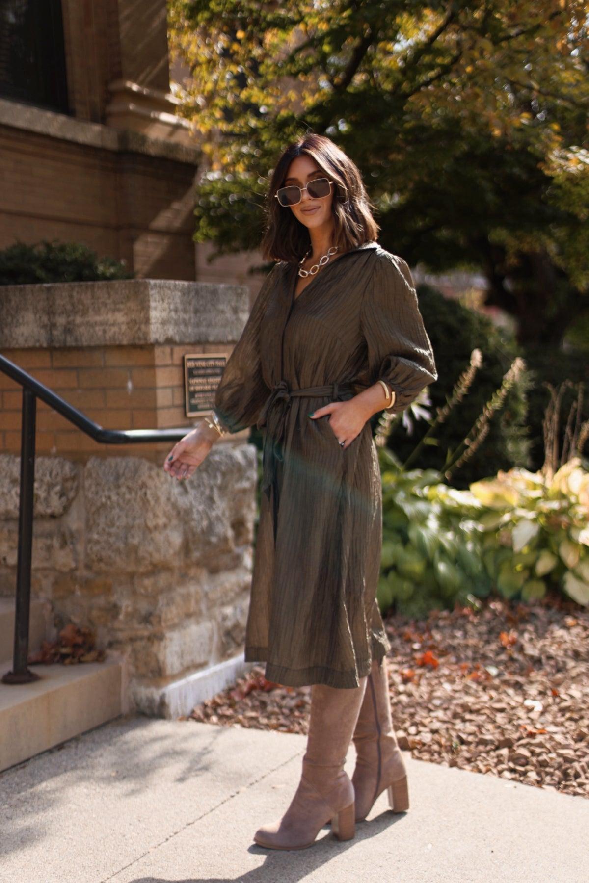 Olive Button Down Belted Midi Dress-FINAL SALE Female Product Image