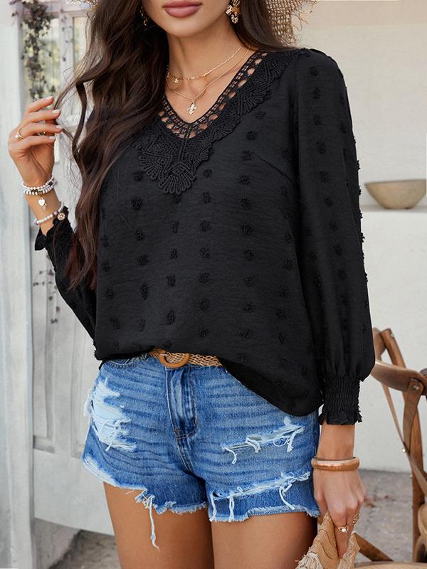 Long Sleeves Loose Elasticity Hollow Jacquard Solid Color V-Neck Blouses&Shirts Tops Product Image