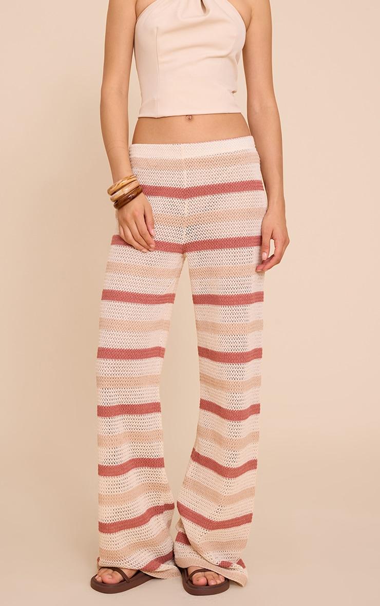 Beige Textured Striped Wide Leg Pants Product Image