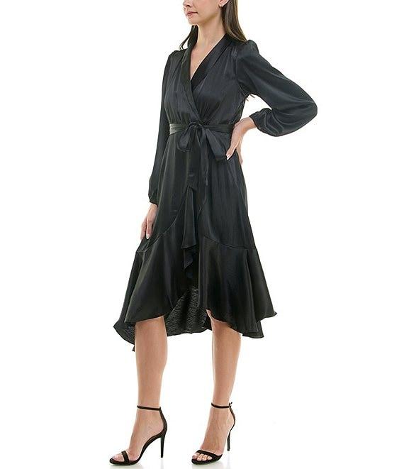 Moda Tara Satin V Neck Long Sleeve Tie Sash Asymmetrical Hemline Wrap Midi Dress Product Image