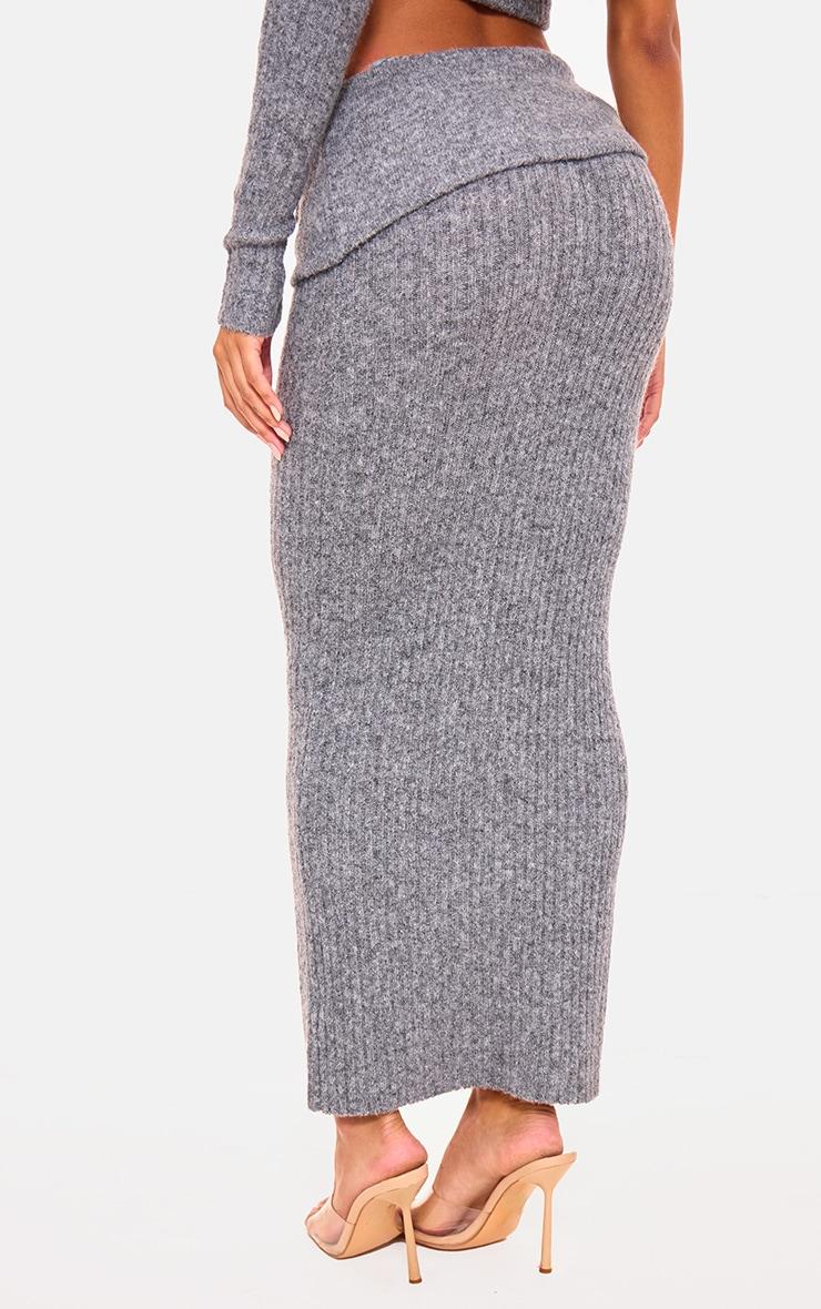 Charcoal Ribbed Knit Ruched Fold Over Maxi Skirt Product Image