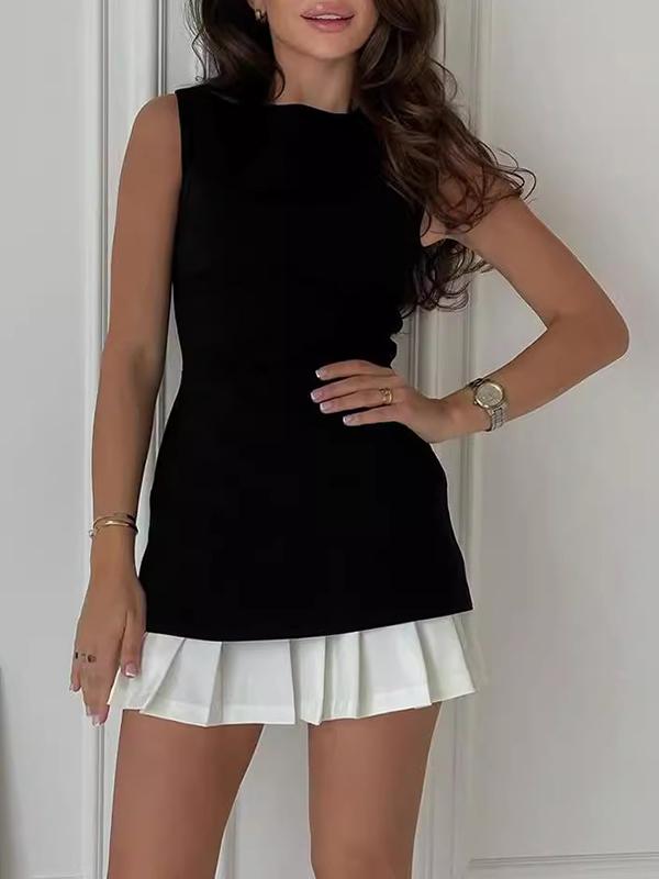 Sleeveless Pleated Solid Color Split-Joint Tiered Round-neck Mini Dresses Product Image