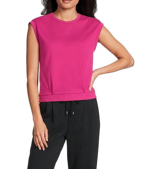 Feather Gray Cotton-Blend Crew Neck Sleeveless Pleated Muscle Tee Product Image