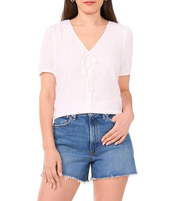 Vince Camuto Linen Blend V-Neck Short Puff Sleeve Tie Front Blouse Product Image