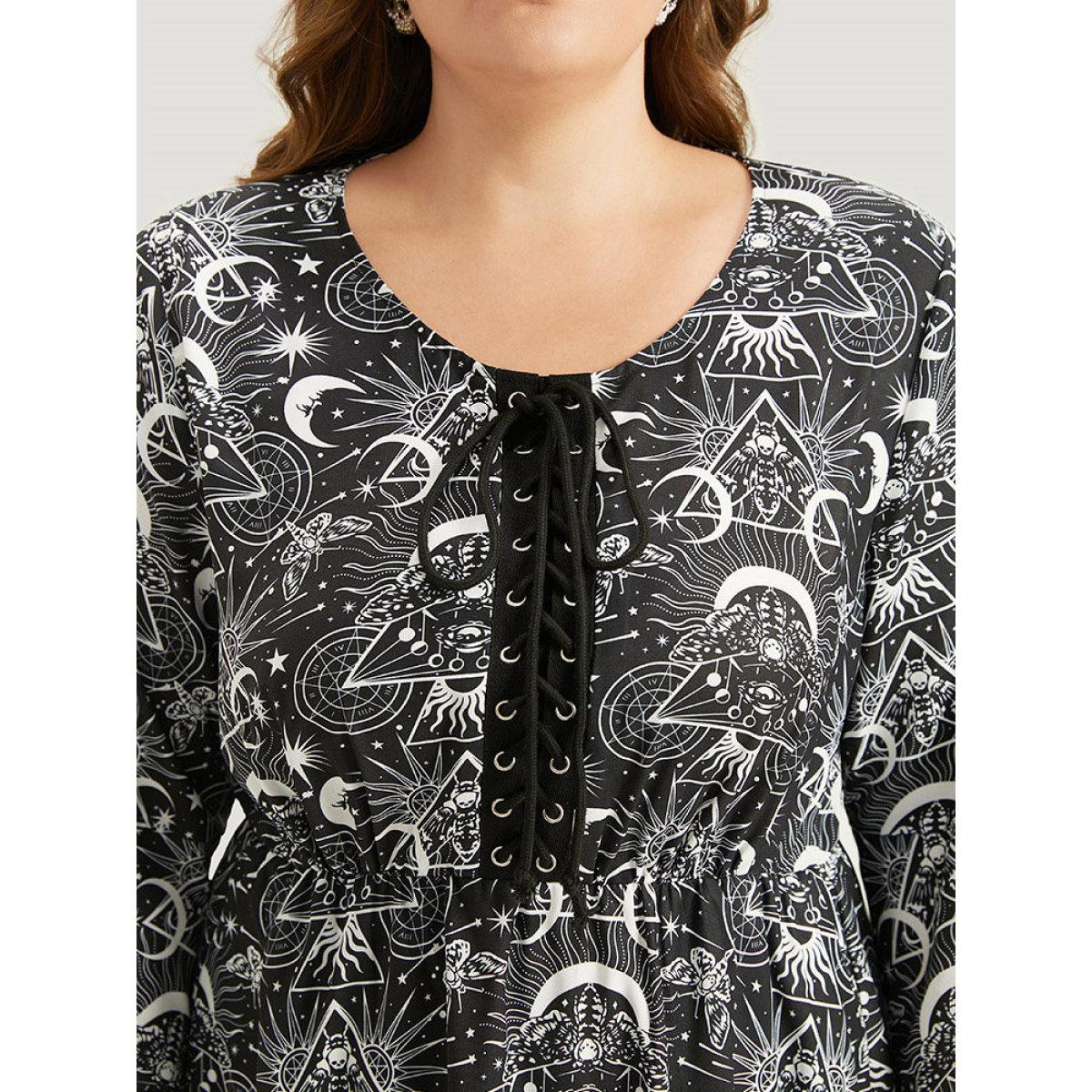 Plus Size Halloween Moon & Star Lace Up Pocket Bell Sleeve Dress Black Women Office Cross straps Round Neck Elbow-length sleeve Curvy Knee Dress BloomChic 30/6X Product Image