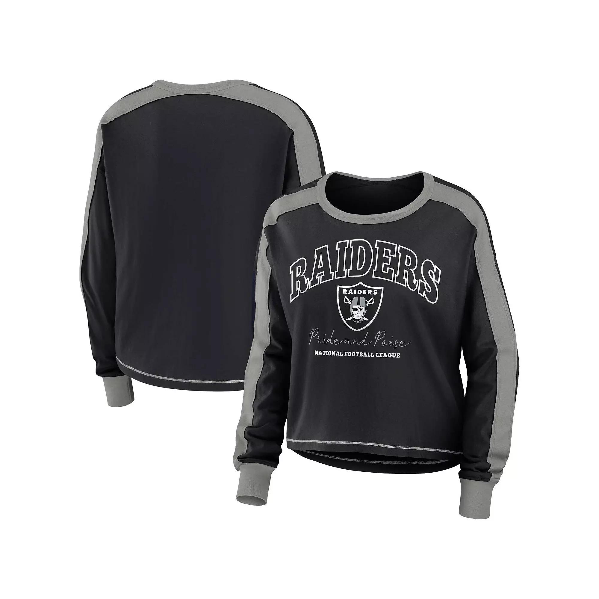 Women's WEAR by Erin Andrews Black/Silver Las Vegas Raiders Color Block Long Sleeve T-Shirt,  Product Image