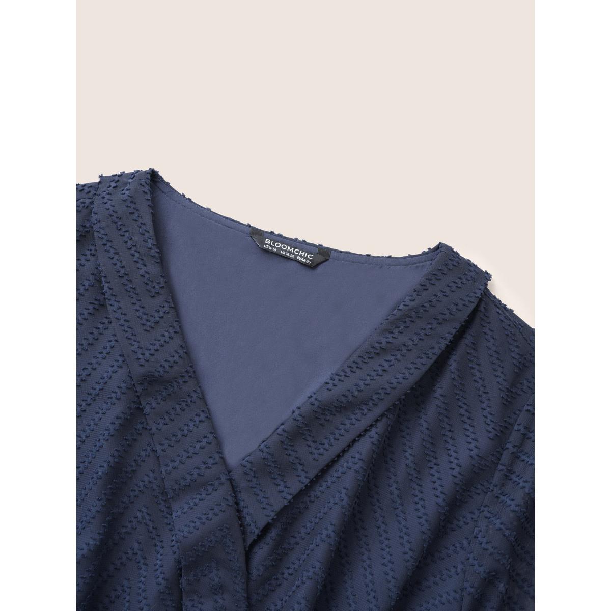 Plus Size Indigo Plain Textured High Low Hem Ties Blouse Women Office Long Sleeve Overlap Collar Office Blouses BloomChic 12/L Product Image