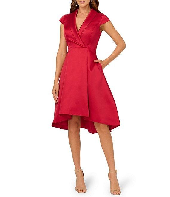 Adrianna Papell Tuxedo Collar V Neckline Cap Sleeve Hi Lo Fit and Flare Dress Product Image