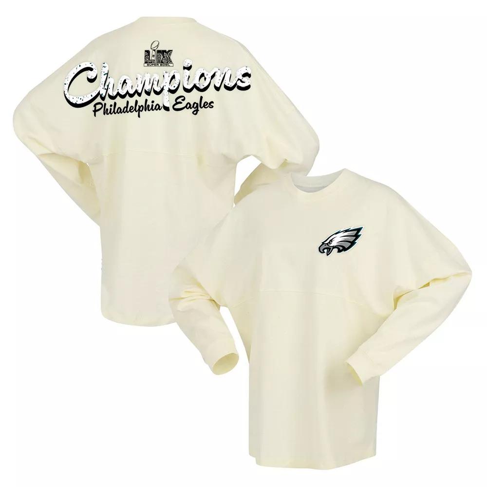 Women's Fanatics  Cream Philadelphia Eagles Super Bowl LIX Champions Sparkle Spirit Jersey Oversized Long Sleeve T-Shirt, Size: Small, Beige Product Image