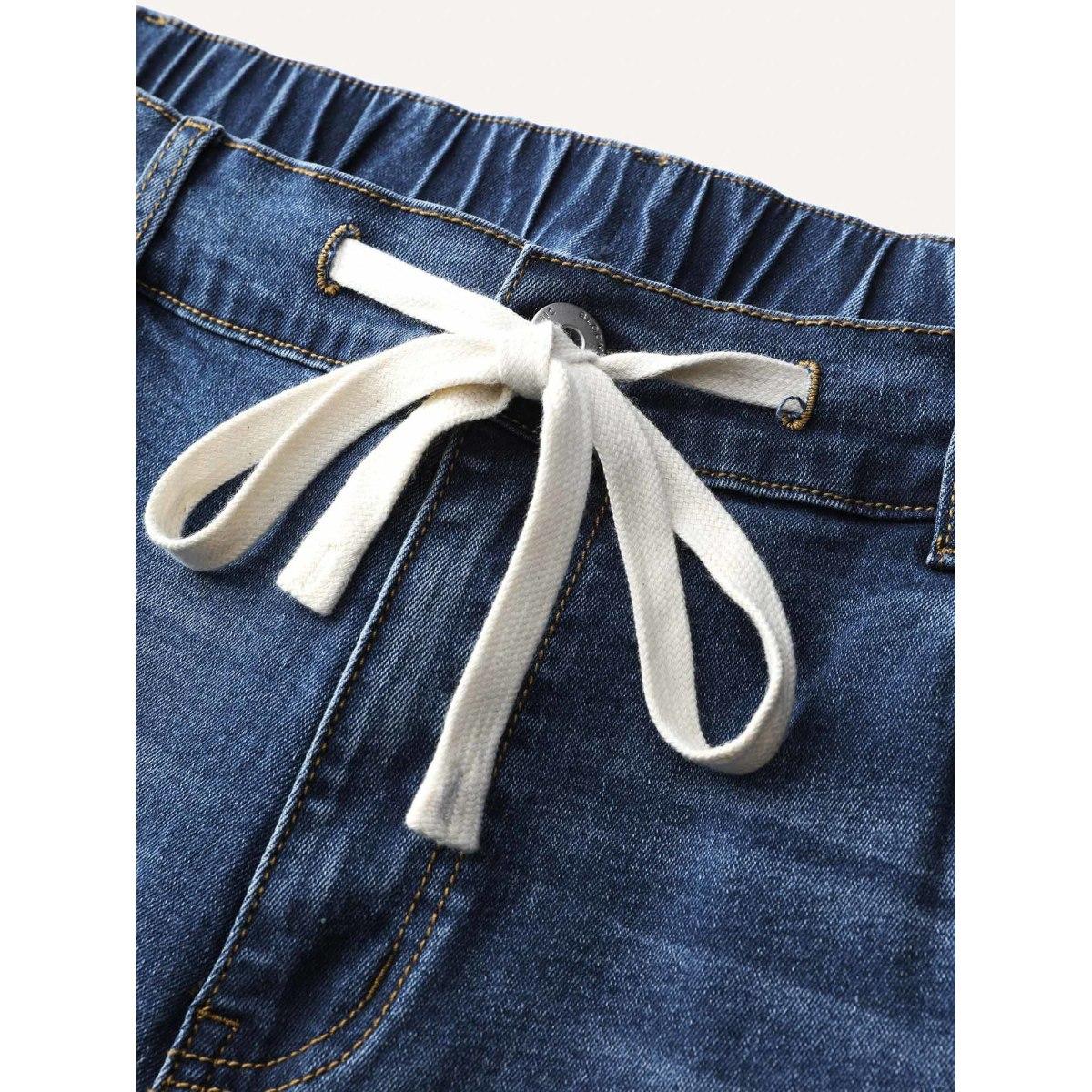 Plus Size Drawstring Frayed Hem Straight-Leg Jeans Women Denimindigo Leisure Contrast High stretch Slanted pocket Jeans BloomChic 22/3X Product Image