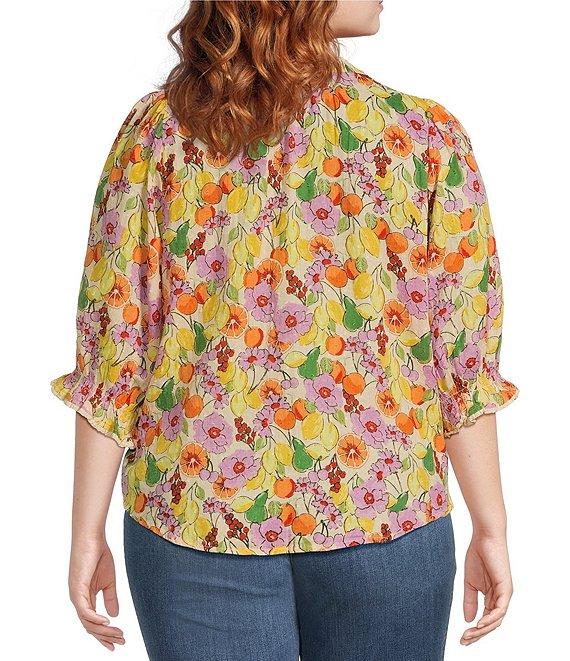 Democracy Plus Size Woven Floral Fruit Print Round Neck Elbow Sleeve Half Button Front Placket Pintuck Detail Top Product Image
