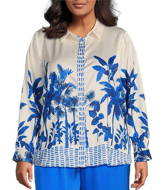Skies Are Blue Plus Size Border Satin Long Sleeve Woven Coordinating Blouse Product Image
