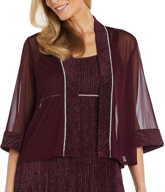 R & M Richards 3/4 Sleeve Crew Neck Front Slit Pleated 2-Piece Jacket Dress Product Image