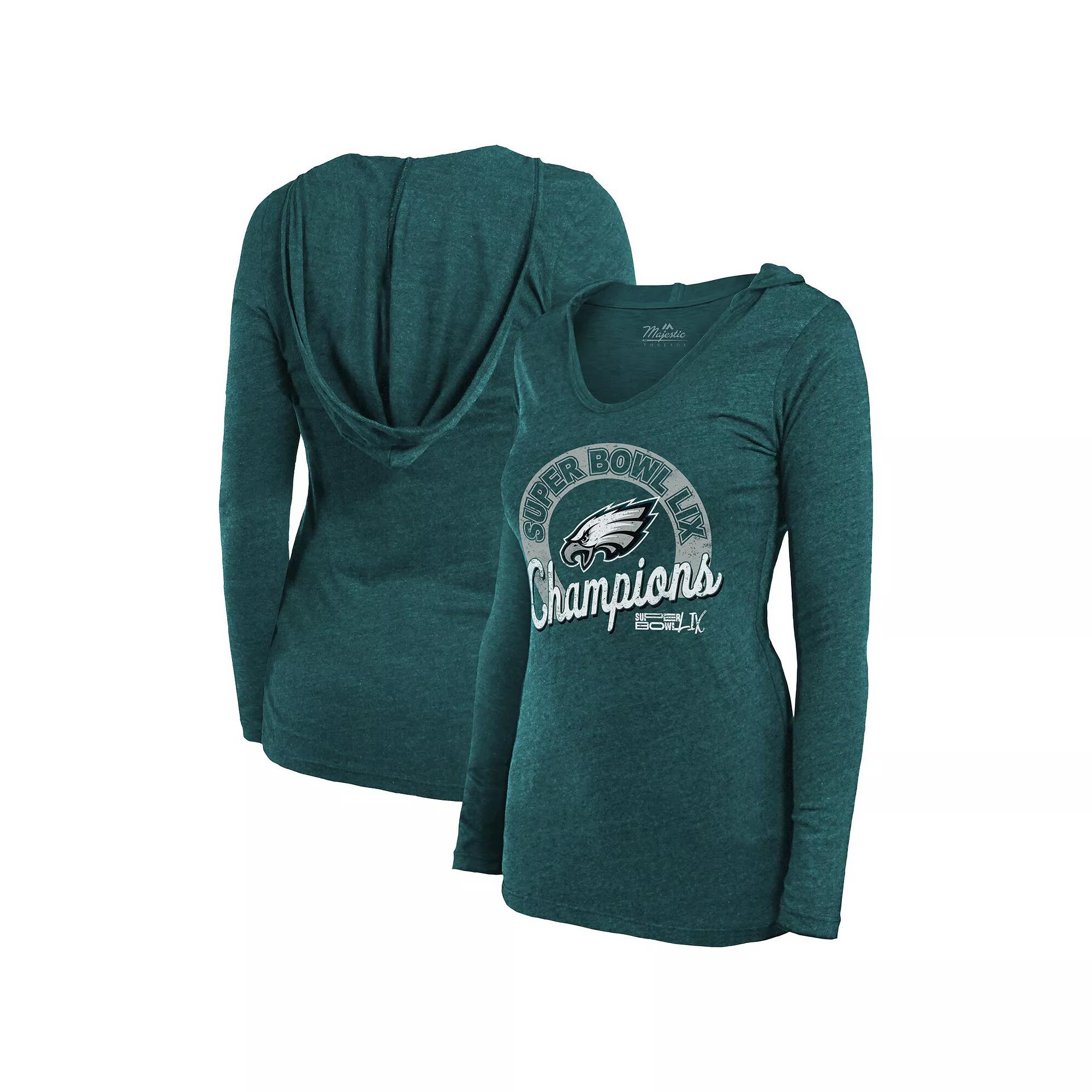 Womens Majestic Threads Midnight Philadelphia Eagles Super Bowl LIX Champions Hail Mary Tri-Blend V-Neck Long Sleeve Hoodie T-Shirt Product Image
