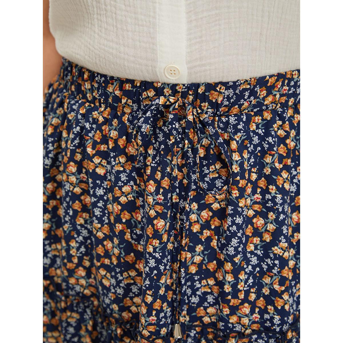 Plus Size Ditsy Floral Ruffle Hem Pocket Frill Trim Skirt Women Indigo Elegant Printed No stretch Dailywear Skirts BloomChic 26/4X Product Image