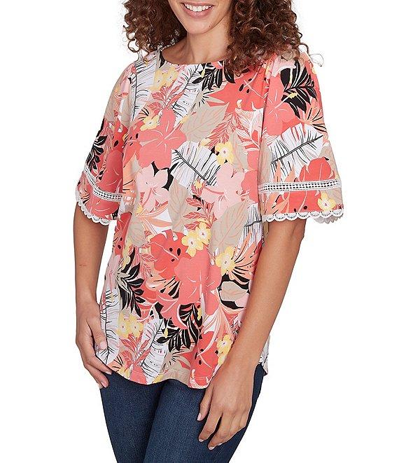 Ruby Rd. Petite Size Knit Tropical Paradise Print Crew Neck Short Sleeve Top Product Image