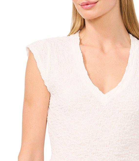 CeCe Puckered Knit V-Neck Cap Sleeve Peplum Top Product Image