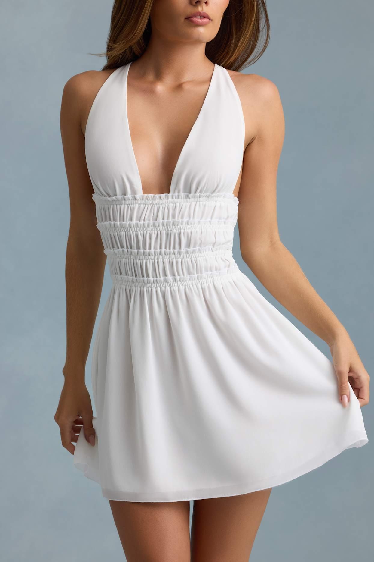 Plunge Cross-Back Mini Dress in White Product Image