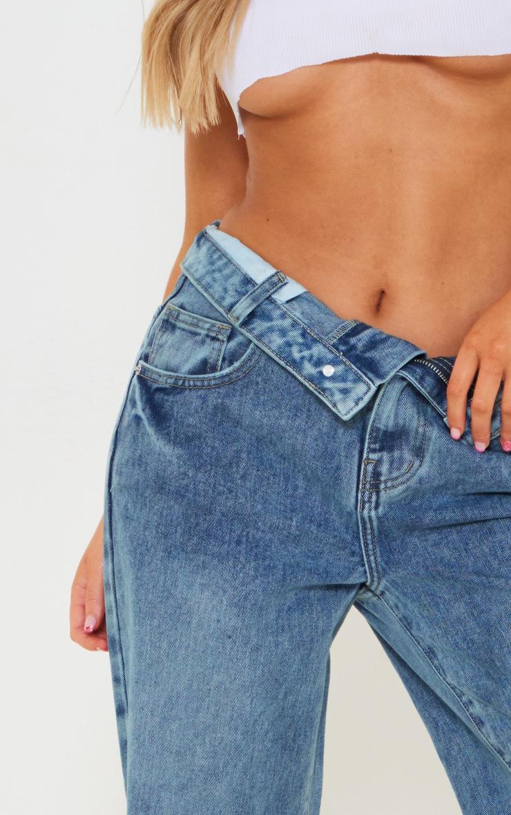 Indigo Vintage Wash Foldover Waistband Wide Leg Jeans Product Image