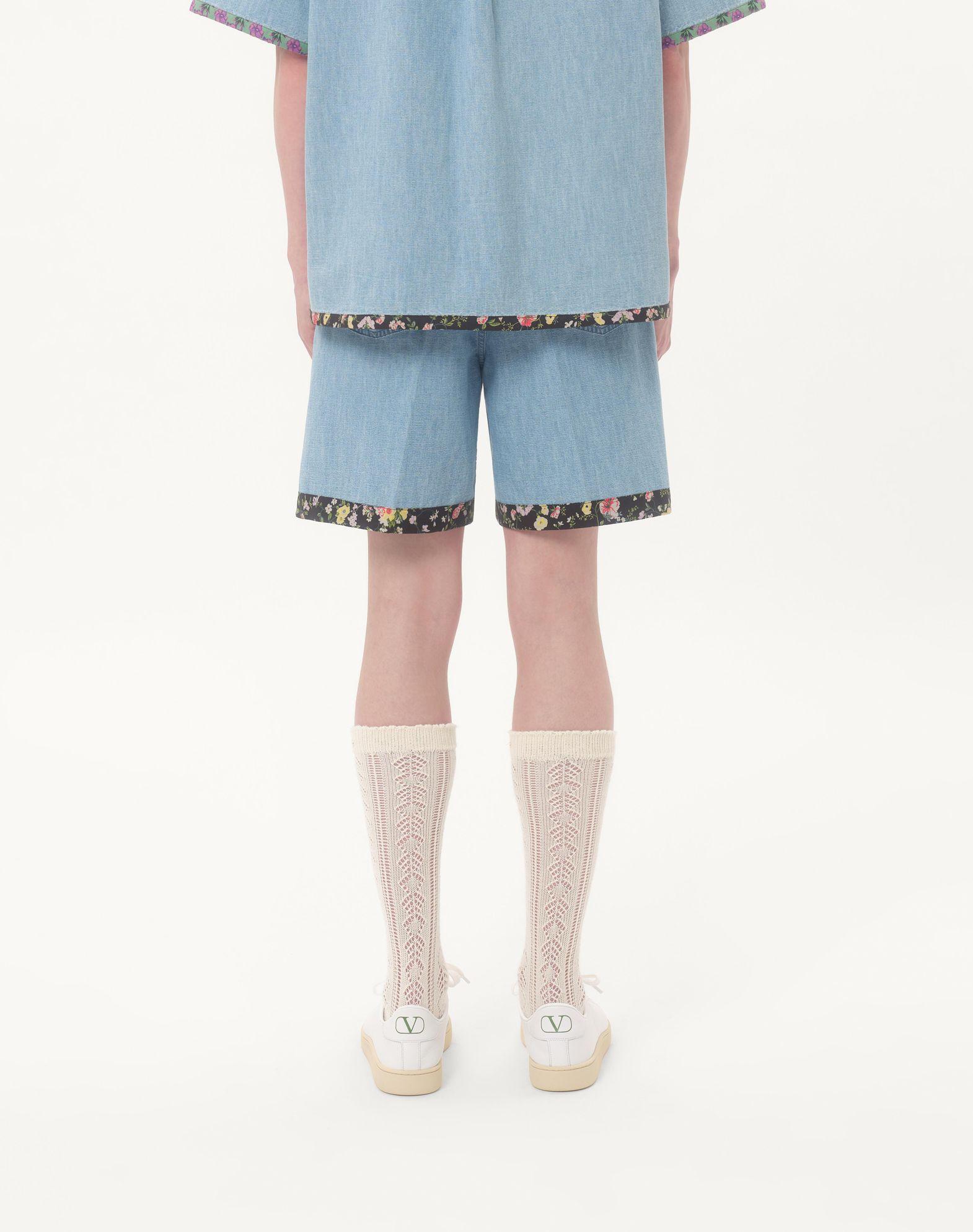 Denim Bermuda Shorts With Floral Print Hem Product Image