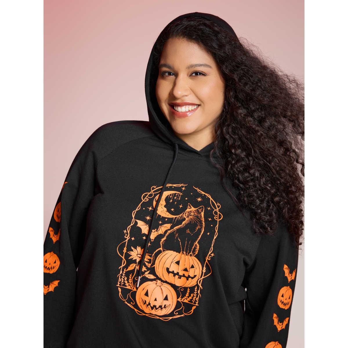 Plus Size Trick & Chic Graphic Sweatshirt Women Black Playful Drawstring Hooded Casual Sweatshirts BloomChic 30/6X Product Image