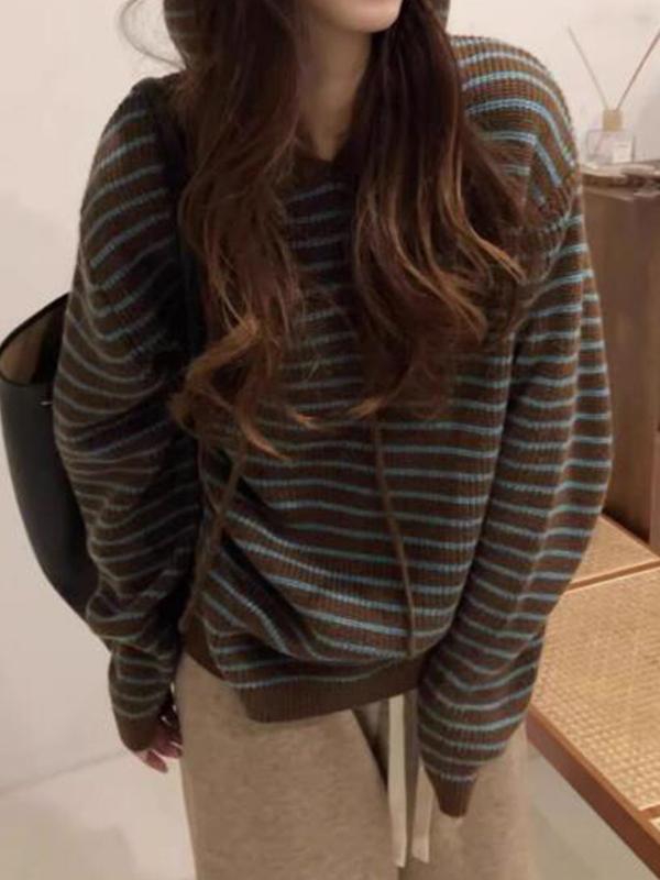 Hooded Stripe Lace Up Sweater Product Image
