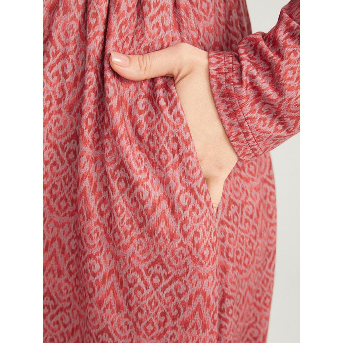 Plus Size Bandana Print Mock Neck Pocket Ruffle Hem Dress Scarlet Women Elegant Elastic Waist Mock Neck Long Sleeve Curvy Midi Dress BloomChic 10/M Product Image