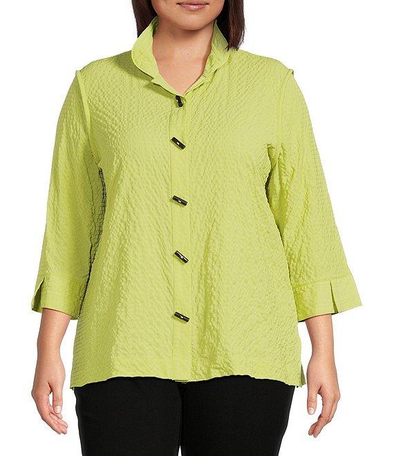 Ali Miles Plus Size Woven Textured Wire Collar 3/4 Sleeve Button Front Tunic Product Image
