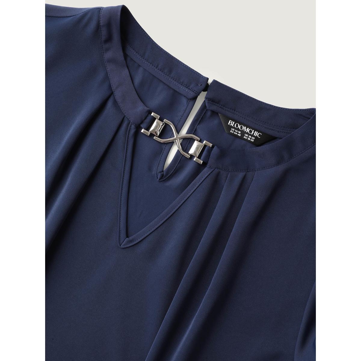 Plus Size DarkBlue Metal Clasp Neckline Lotus Leaf Sleeve Blouse Women Office Short sleeve Non Office Blouses BloomChic 18-20/2X Product Image